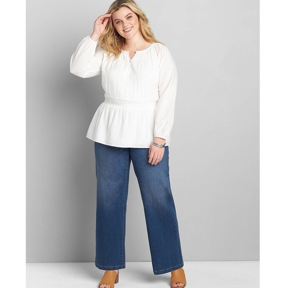 Lane Bryant Textured Shirred-Waist Peplum Top White Plus Sz 24 Spring Summer NWT - Picture 3 of 12